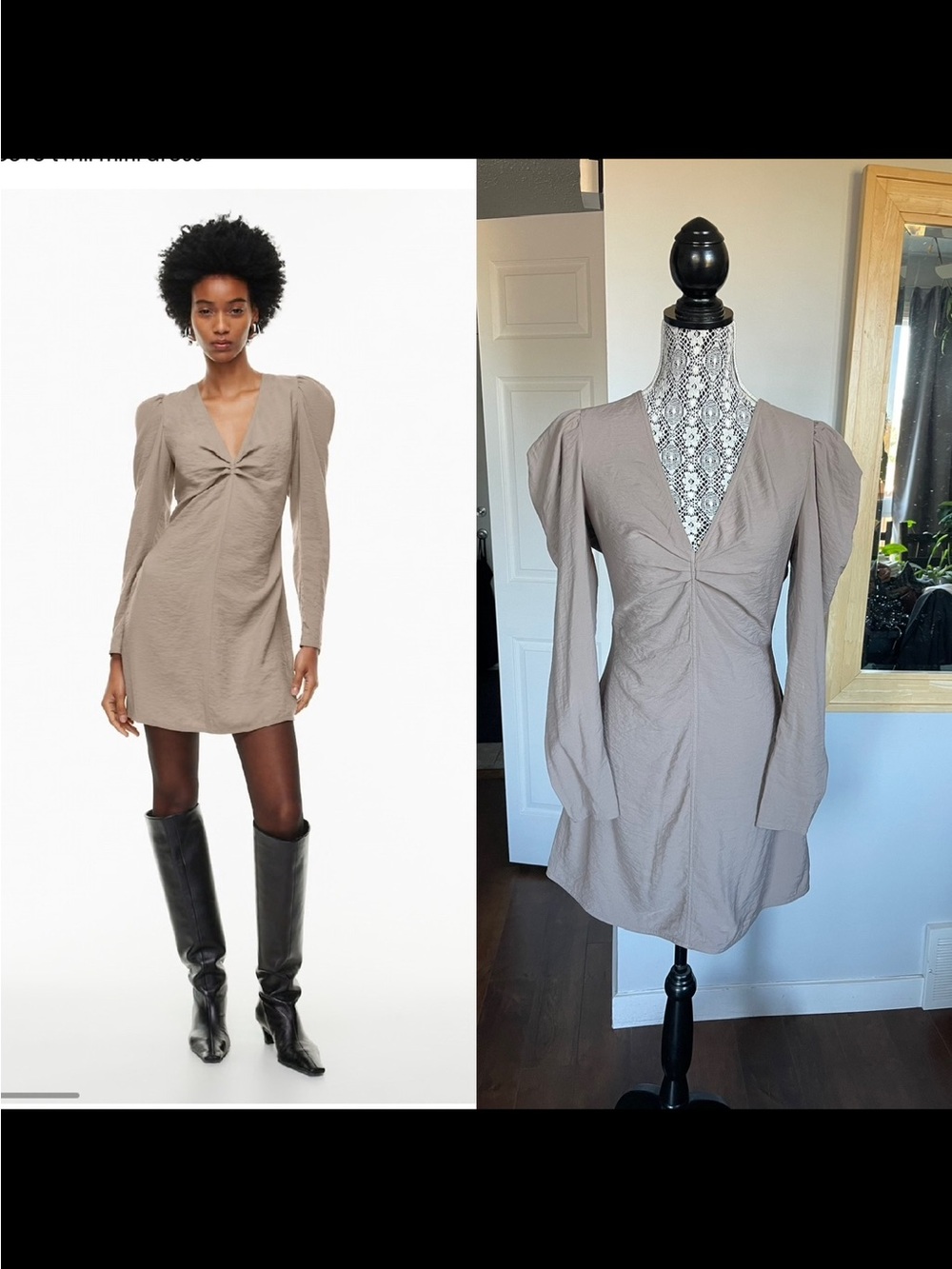 Aritzia Freda Long Sleeve V-Neck Twill Mini Dress. Taupe. Medium/Size 6.